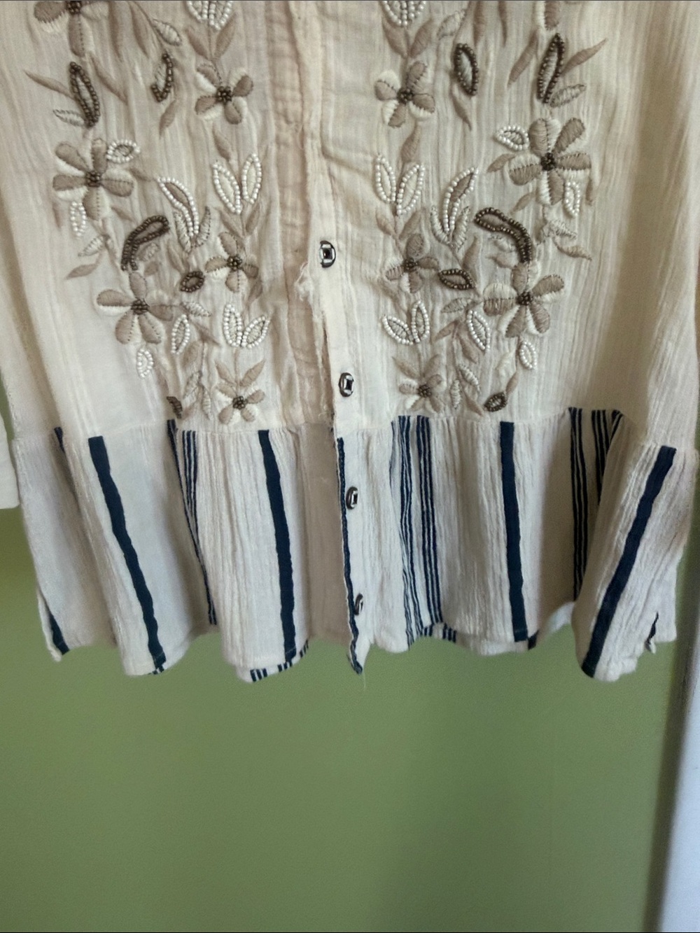 Anthropologie Embroidered Cream V-Neck Tunic with Navy Trim - XS - Picture 7 of 9
